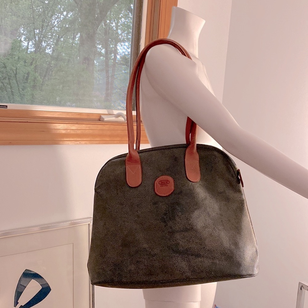 BRIC'S Pebbled Olive Travel Tote Laptop Carry In Leather Trim